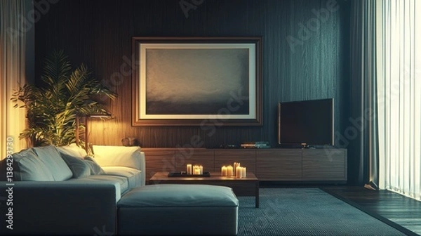 Fototapeta Cozy Modern Living Room with Artwork and Candles in Evening Light