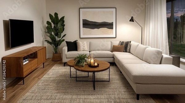 Fototapeta Cozy modern living room with sectional couch and elegant decor