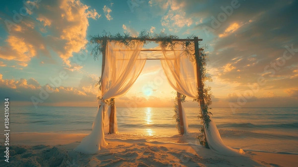Fototapeta Boho-style bamboo altar on the beach, decorated with sheer white fabric and tropical vines, with the sunset behind it