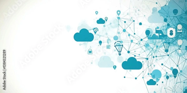 Fototapeta Cloud technology and digital connectivity are represented this illustration, showcasing various icons like clouds, locks, and light bulbs interconnected by lines. design conveys sense