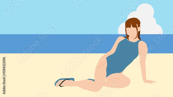 Fototapeta 浜辺で夏休みを満喫する女性のイラスト	
