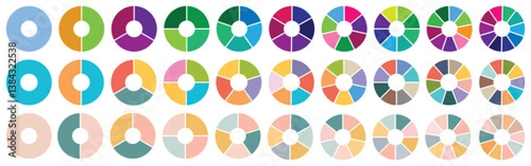 Fototapeta Circle pie chart diagram. Circle section graph. 1,2,3,4,5,6,7,8,9,10,11,12 sections or steps. Colorful Pie chart set. Pie chart circle. Flat process cycle. Progress sectors. vector - EPS 10