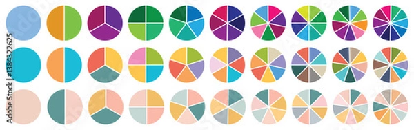 Obraz Circle pie chart icons. Pie charts diagram. Circle section graph. Set of different color circles isolated. Vector illustration. Pie chart for data analysis, business presentation, UI, web design