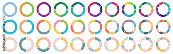 Fototapeta Pie chart set, segmented circle icons, circle diagram. Pie chart divided 1,2,3,4,5,6,7,8,9,10 equal parts. Infographic wheel segment or sections parts. Vector illustration