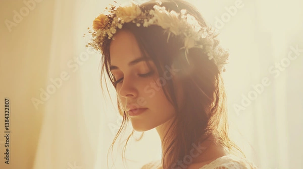 Fototapeta Bride in a boho dress with a dried flower crown, soft warm tones, diffused light, vintage filter