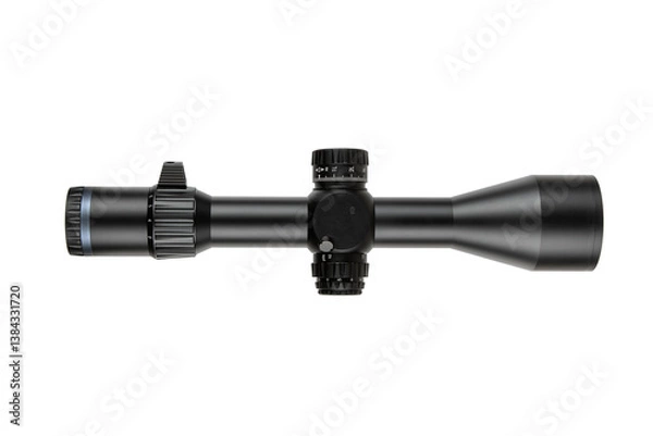 Fototapeta A black rifle optic featuring a large lens and precision adjustment knobs, showcased on a simple white background.