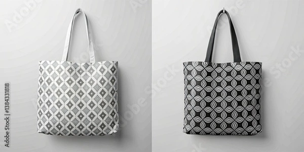 Obraz Black and White Tote Bag Mockup Set, Aerial Photography, Front View, Gray Background