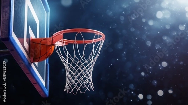 Fototapeta An abstract, dynamic rendering of a basketball passing through a hoop in the shadows
