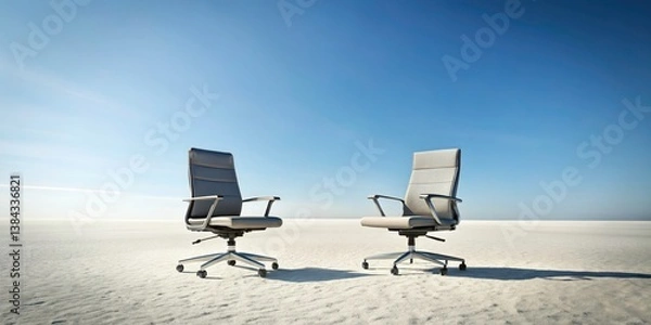 Fototapeta Desolate Office Chairs, Empty Space, Clear Sky, High Depth of Field, Surreal Landscape Photography
