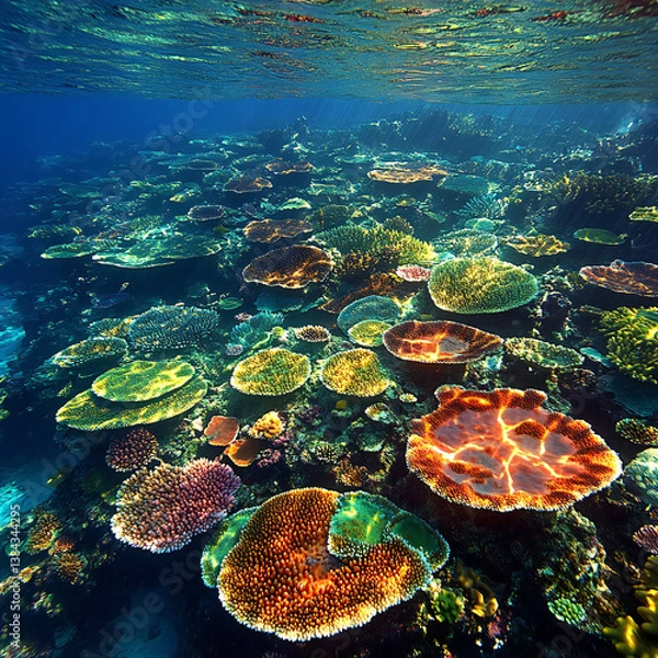 Fototapeta A vast underwater plateau covered with coral, sea fans, and an array of tropical fish