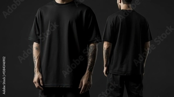 Fototapeta Black oversized tee mockup, studio shot, front & back views, dark background, apparel design