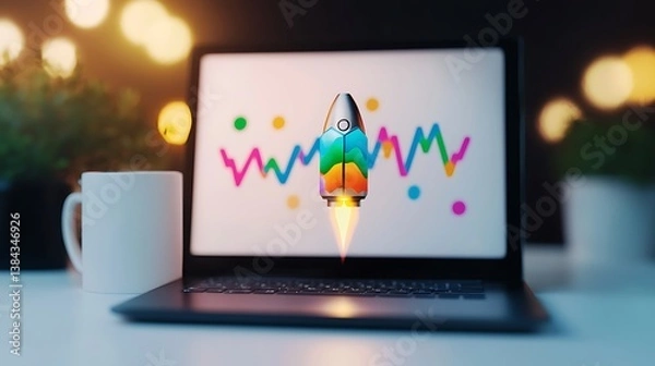Fototapeta A rocket launches on a laptop screen with charts, a mug, and blurred lights creating a focused workspace