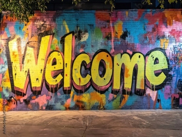 Fototapeta Welcome mural in urban park with vibrant graffiti and copy space on left