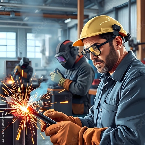 Fototapeta Skilled Metalworker Fabricating Structure with Welding in Industrial Workshop
