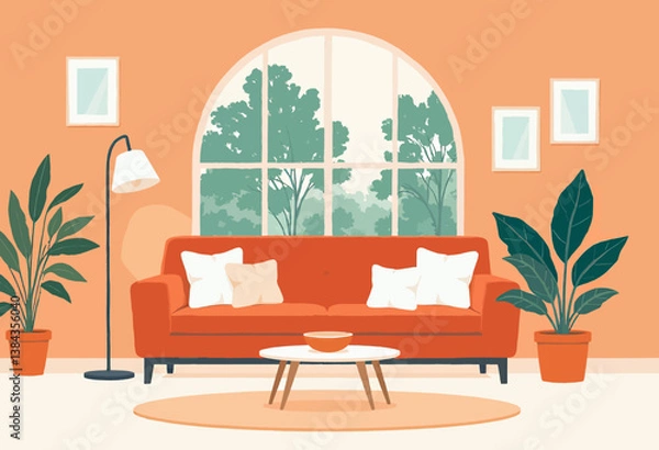 Fototapeta Cozy Living Room with Orange Sofa and Arch Window