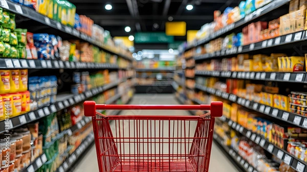 Fototapeta Empty Shopping Cart In Busy Grocery Store