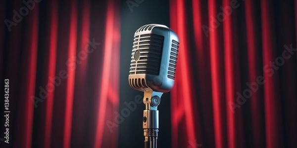 Fototapeta Vintage microphone standing in front of dramatic red stage curtains, symbolizing performance, music, retro broadcasting, public speaking, and classic entertainment atmosphere.

