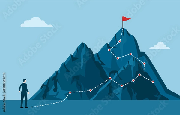Obraz Working your way up - Businessman climbing up mountain trying to reach the goal on top. Motivational concept, flat design vector illustration