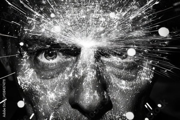 Fototapeta Focused, intense man's face, with sparks radiating from forehead, highlighting mental energy and concentration.