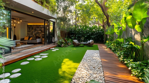 Obraz A beautiful garden with a wooden deck and a stone path
