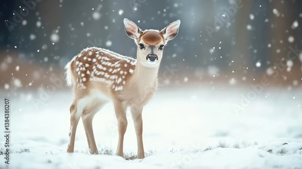 Obraz Baby deer standing in a snowy meadow, gentle snowfall and soft blurred background with elegant copy space.