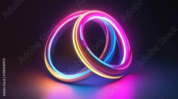 Obraz Glowing neon rings with light flares, floating in a dark environment, creating a futuristic abstract composition. No text, no people.