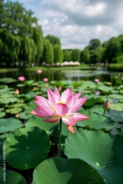Fototapeta there is a pink flower that is growing in the middle of a pond