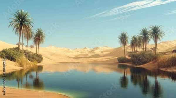 Fototapeta Serene Desert Oasis: Reflecting Palm Trees and Tranquil Water Landscape