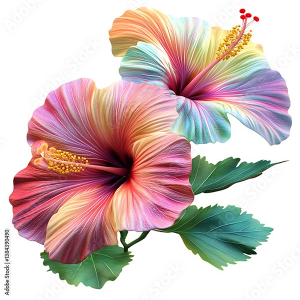 Fototapeta Vibrant 3D Hibiscus Plant with Large Colorful Blooms Isolated on Transparent Background