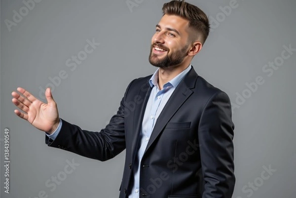 Fototapeta Confident Young Caucasian Male Professional in a Suit Gesturing with a Smile Against a Neutral Background, Embodying Success and Approachability in a Corporate Environment