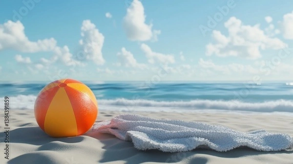 Fototapeta Beach ball and towel on a sunny shore evoking summer relaxation vibes