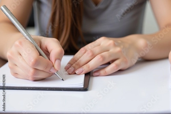 Fototapeta A young woman with long brown hair is focused on writing notes in a notebook using a silver pen, sitting at a white desk in a bright modern environment.