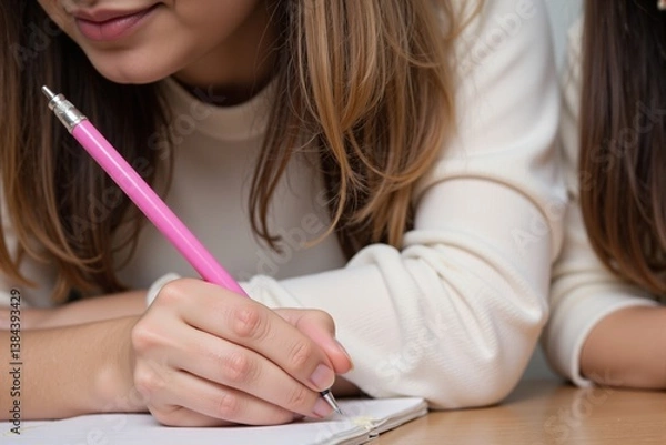 Fototapeta Close-up of a Young Girl Writing with Pink Pen on Notepad in a Study Environment with Focused Expression