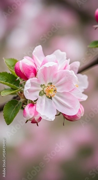 Fototapeta Blooming apple tree branch with delicate pink and white blossoms illuminated by warm spring sunlight, Delicate apple blossoms, green leaves, tree branch, springtime, soft pink petals, 