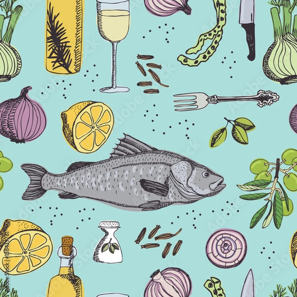 Obraz Sea Bass Seamless pattern Sketch style