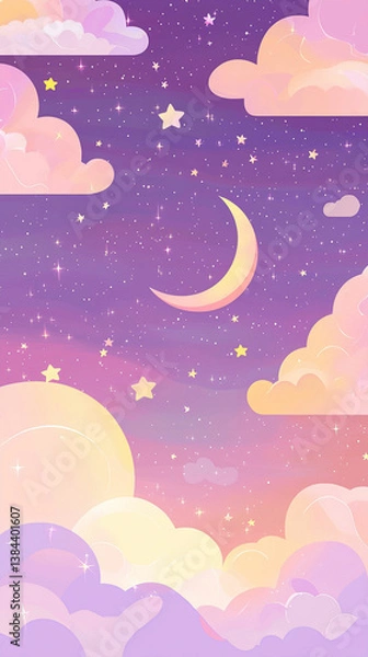 Obraz パステルな星空と月が浮かぶ可愛い夜
