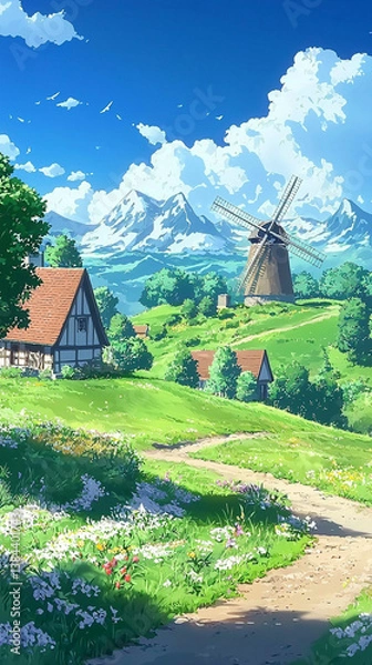 Obraz 青空と風車が広がるアニメ風ヨーロッパの田舎風景
