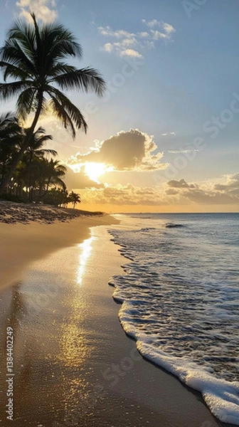 Obraz 南国のビーチに沈む夕日と波の輝き

