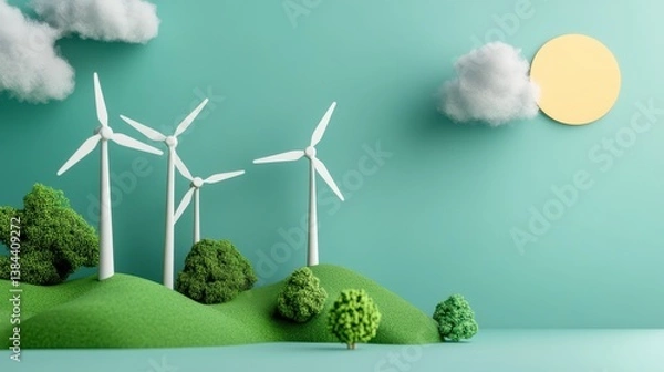 Obraz Wind Turbines on green field: Capturing the harmony of renewable energy and nature in a serene setting featuring wind turbines generating clean power amidst stylized rolling hills and fluffy clouds