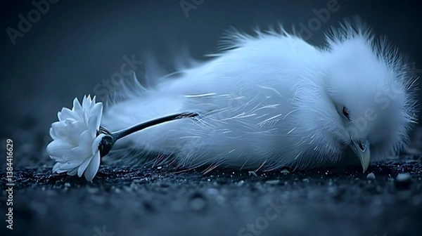 Fototapeta A small white bird resting next to a delicate white flower