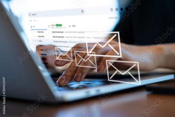 Obraz Email marketing concept.  Business communication via email, company sending e-mails or digital newsletter to clients, business strategy for digital marketing