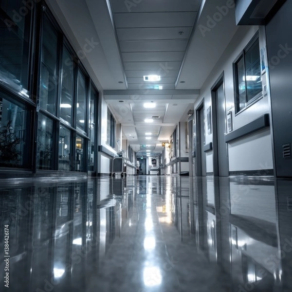 Obraz Long hospital hallway featuring a large clock on the wall and bright lighting creating a clean and inviting atmosphere