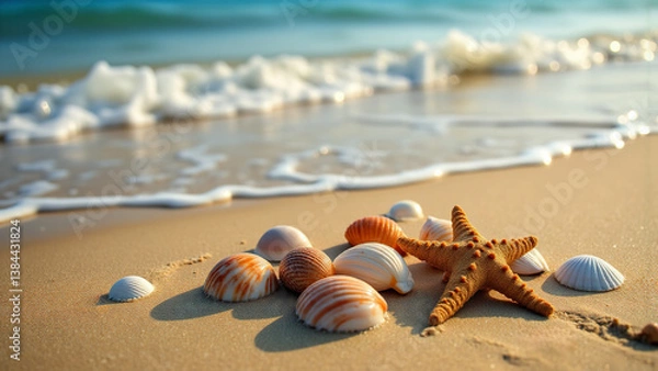 Fototapeta Seashells and a Starfish Scattered on the Beach: A Coastal Treasure Trove.Beach vacation,seaside beauty.advertisement, banner, card,copy text space.Generated by AI.