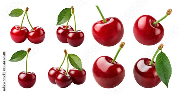 Fototapeta Fresh Red Cherries with Leaves Isolated on White Background, Bundle Set Collection, Isolated on Transparent Background