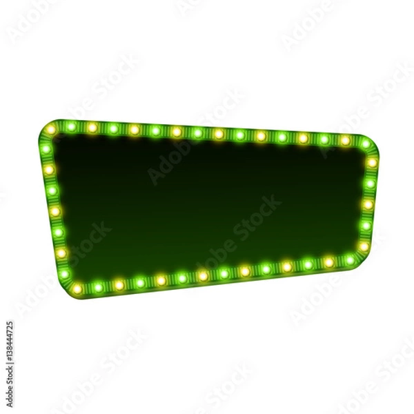 Fototapeta Blank 3d retro light sign with shining bulbs isolated on white background. Green street signboard with yellow and green marquee lights and dark backdrop. Advertising frame Colorful vector illustration