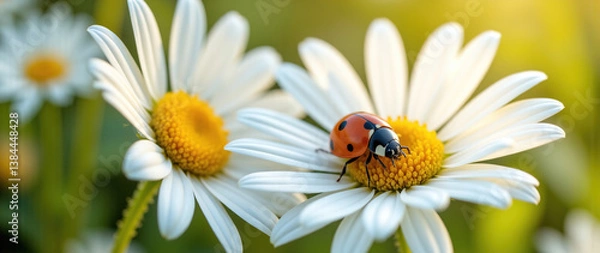 Fototapeta Ladybug Resting on White Daisy Petals: A Delightful Encounter in Nature.advertisement, banner, card,copy text space.Generated by AI.