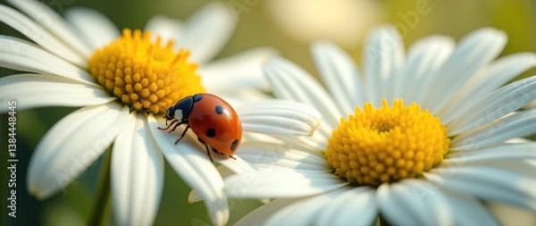 Fototapeta Ladybug Resting on White Daisy Petals: A Delightful Encounter in Nature.advertisement, banner, card,copy text space.Generated by AI.