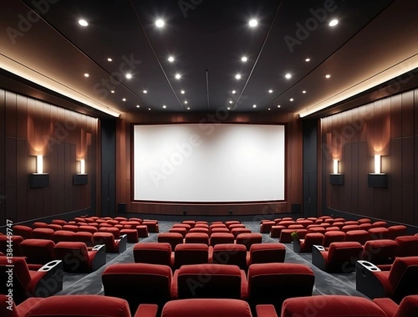 Obraz Empty theater auditorium with elegant red seating and soft lighting, ideal for movie night promotions, cinema advertising mockups, and immersive film experiences

