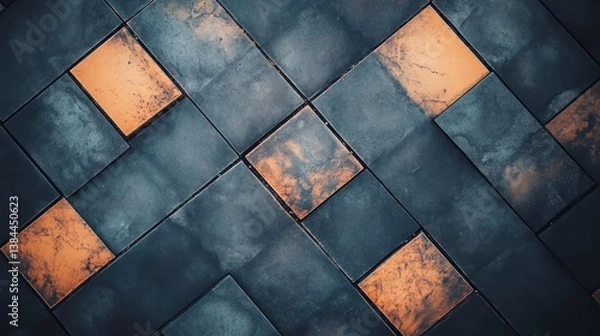 Fototapeta Abstract patterned floor tiles in dark gray and orange.