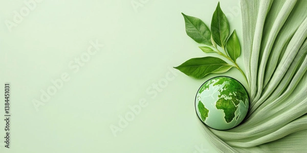 Fototapeta A serene green landscape featuring a globe surrounded by leaves, symbolizing environmental awareness and sustainability.